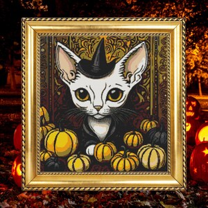 May include: A white cat wearing a black witch's hat sits in a framed illustration surrounded by orange pumpkins. The cat has large, green eyes and a black nose. The background is a dark, ornate pattern.
