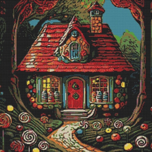 Hansel and Gretel's Gingerbread House Cross Stitch - DIY Fairytale Embroidery - Instant Download PDF - Whimsical Needlework - DMC