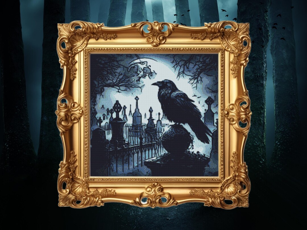 Raven Cross Stitch Pattern for Gothic Decor, Halloween Needlework ...