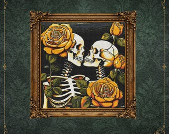 May include: A framed wall art piece featuring two human skeletons facing each other, surrounded by vibrant yellow roses with green leaves against a black background. The ornate, antique-style gold frame has intricate detailing on the edges.
