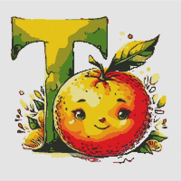 Tangy 'T' for Tangerine Cross Stitch Pattern, Citrus Alphabet Collection, Syncs Perfectly with Pattern Keeper