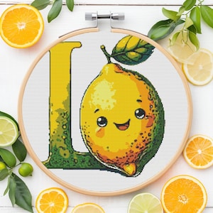 Padrão de ponto cruz animado 'L' para limão, design de alfabeto da série Citrus, totalmente compatível com Pattern Keeper