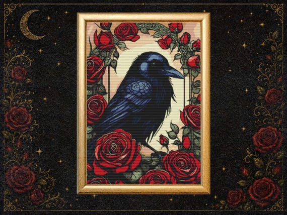Raven and Red Roses Cross Stitch Pattern, Gothic Bird Embroidery