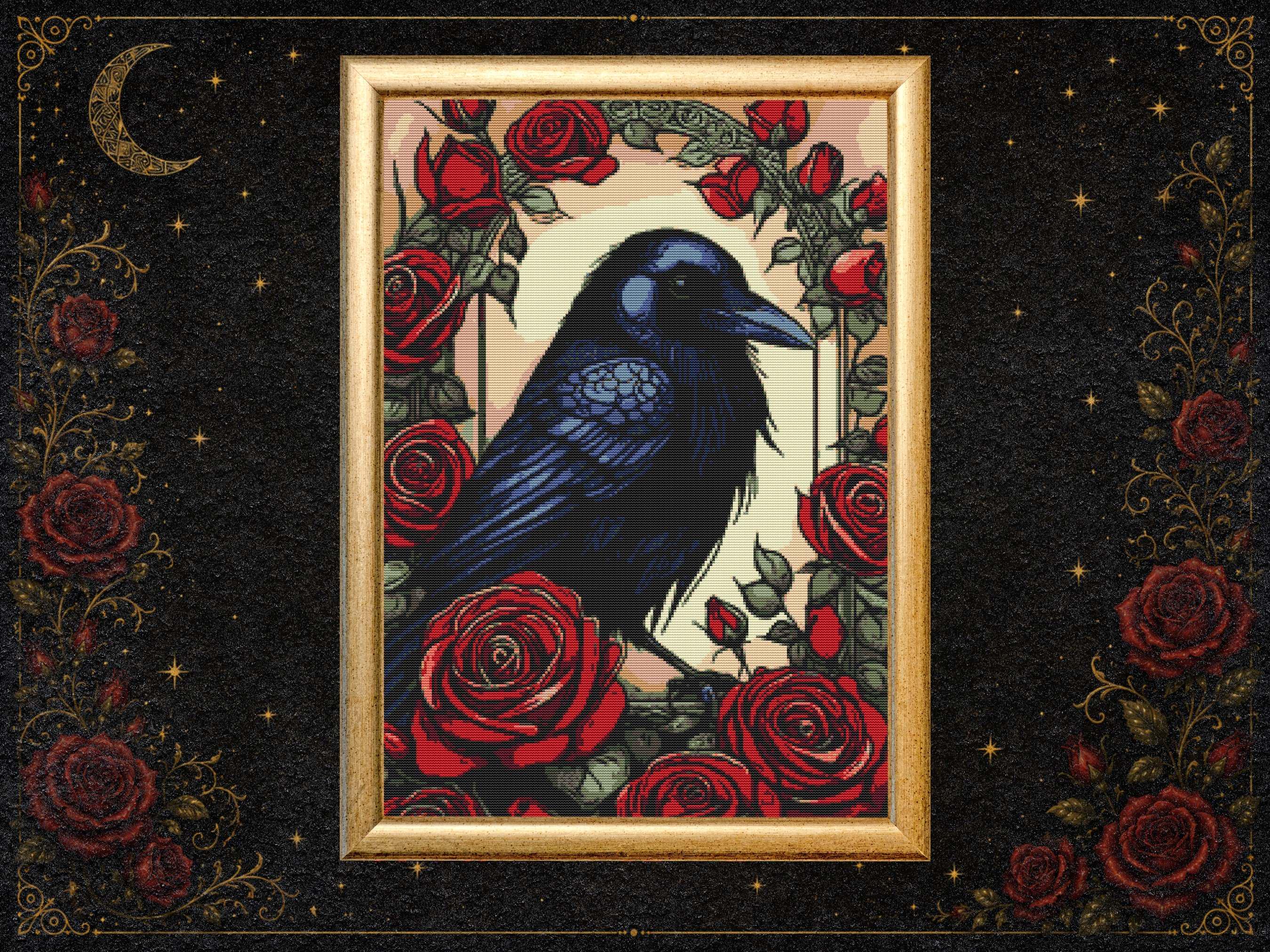Raven and Red Roses Cross Stitch Pattern, Gothic Bird Embroidery