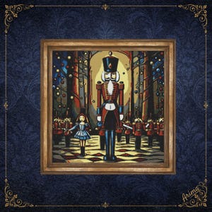 May include: A framed cross-stitch embroidery depicting a central nutcracker figure in a red and black uniform, flanked by a small figure in a blue dress and several smaller soldiers, set against a dark forest background with circular ornaments.