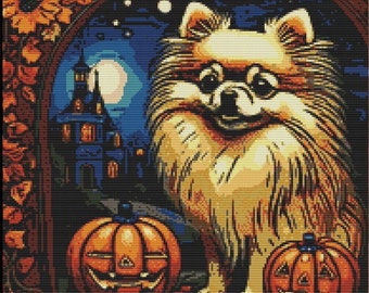 Pomeranian dog Halloween Cross Stitch Pattern | Wicca Cross Stitch Pattern Digital | Creepy | Witchcraft | Spooky Xstitch PDF