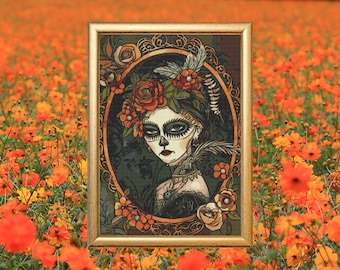 Tag der Toten Frau Kreuzstich Muster, Gothic Stickdatei, viktorianischer Sugar Skull PDF, Spooky Sofort Download