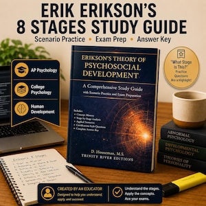 May include: A study guide titled Erikson's Theory of Psychosocial Development by D. Houseman, M.S. The dark blue cover features a glowing golden light pattern. It includes sections on concept mastery, scenarios, and an answer key for exam prep.