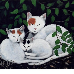 3 White Cats, Peeking Kitten in the Forest Evening~Original Artwork by Darie~Print~Poster