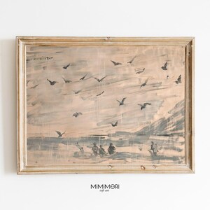 Paisaje costero vintage / Pintura de aves campestres francesas / Arte mural elegante con escena oceánica / Póster de paisaje playero clásico / Pintura rústica