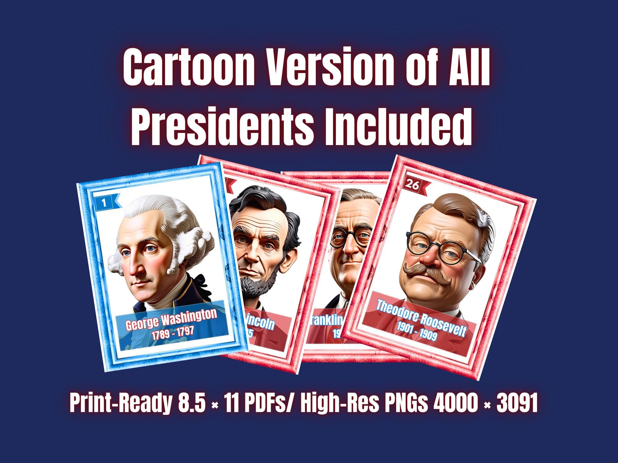 U.S. Presidents Poster Set, Realistic & Cartoon Portraits (digital ...