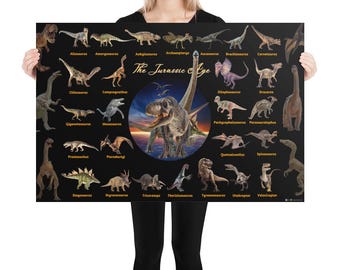 May include: A black poster with a colorful illustration of various dinosaurs from the Jurassic period. The poster features the text "The Jurassic Age" in a gold font. Each dinosaur is labeled with its name.