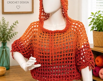 May include: A hooded crochet top featuring an open-weave grid pattern with an ombre color transition from orange at the top to deep red at the bottom. The garment includes short sleeves with drawstring ties, a drawstring neckline, and a drawstring hem.