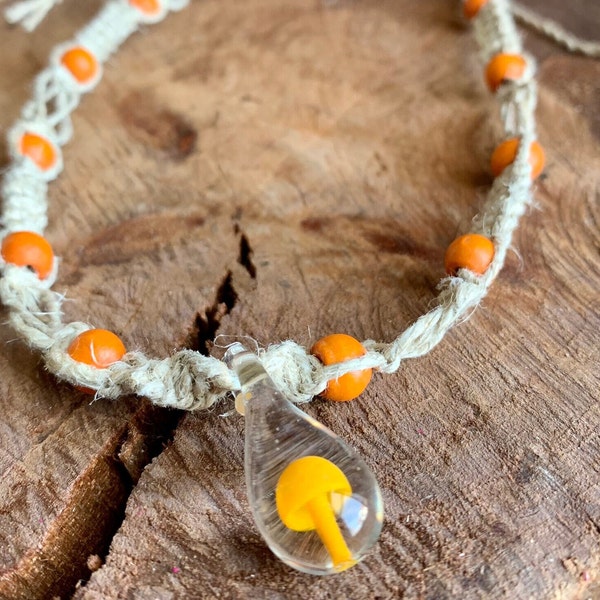 Customizable Handmade Hemp Necklace with Blown Glass Mini Mushroom Pendant!  Unisex, Boho, Hippie, Trippy - Great Gift Idea for him or her!