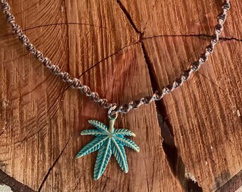 Handmade Hemp Necklace: Green Metal Leaf Pendant, Boho Hippie Style