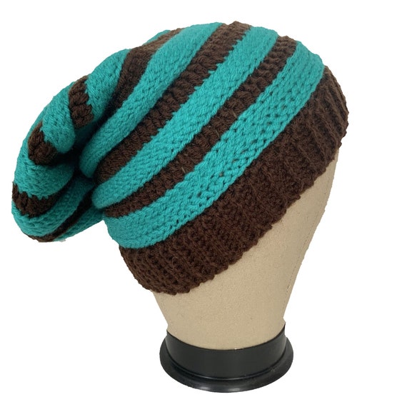 Handmade Crochet Slouchy Hat: Teal & Brown Boho Skater Style  display picture 3