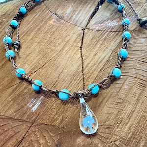 Handmade Hemp Necklace: Blown Glass Mushroom Pendant, Boho Hippie Jewelry
