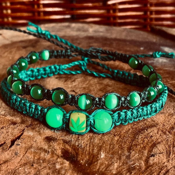 Handmade Hemp Leaf Bracelet or Anklet Set with a Boho Hippie-Trippy Vibe, Hemp Jewelry is a Great gift for him and gift for her!