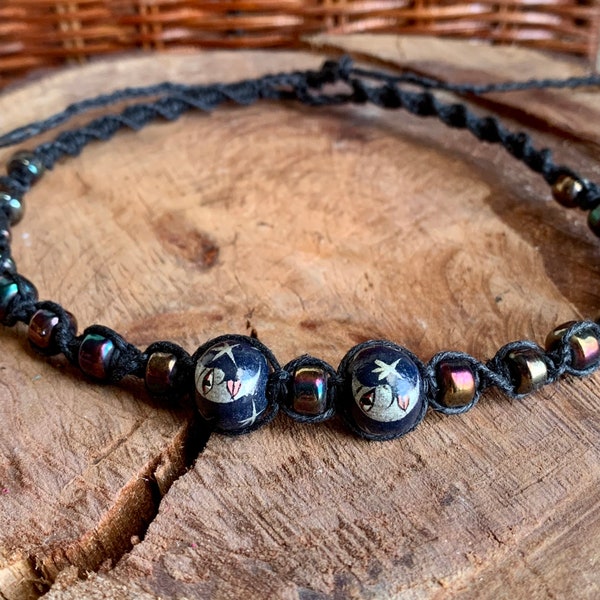 Customizable Handmade Hemp Necklace - Hand painted Moon & Stars on Wood Beads, Unisex, Boho, Hippie, Hemp Jewelry, Gift Ideas