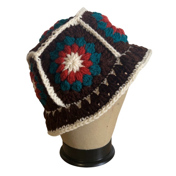 Handcrafted Crochet Bucket Hat Granny Square Acrylic Yarn Handmade Knit Crochet Bucket Hat Granny Square Pattern Pink Green Yellow  main image 3