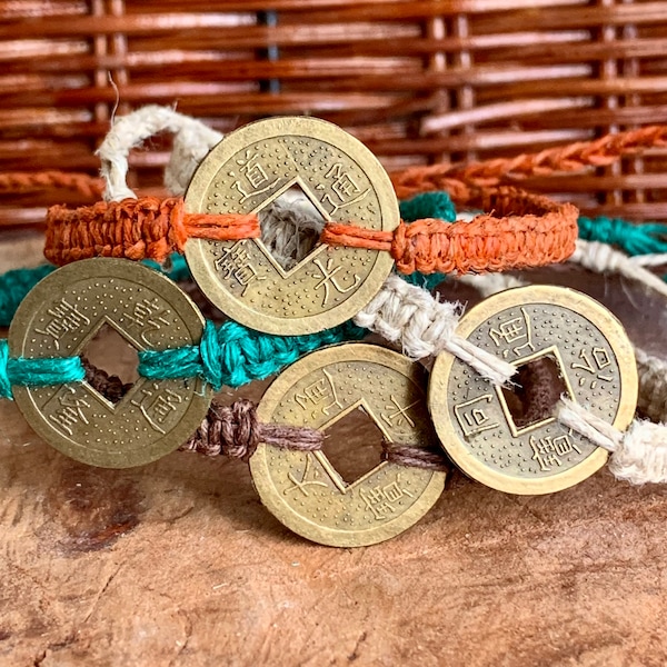 Handmade Chinese Feng Shui Coin Hemp Bracelet/Anklet - Unisex Hemp Jewelry - Unique gift idea for him or for her.