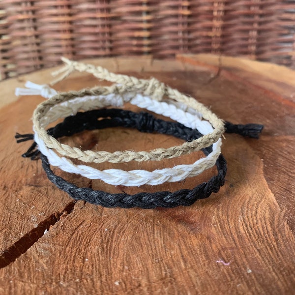 Handmade Hemp Friendship Braided Bracelet or Anklet Neutral colors, beadless. Adjustable Boho Hippie is a great Unisex gift for him or her.