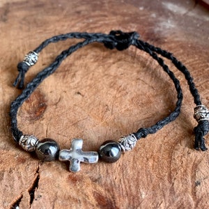 Handmade Hemp Bracelet: Hammered Cross Pendant, Hematite Beads