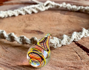 Handmade Hemp Necklace with Blown Glass Swirl Pendant!  Customizable Unisex, Boho, Hippie jewelry.  Perfect Gift Idea for him or her!