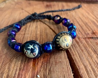 Handmade Hemp Bracelet: Boho Celestial Wood Bead Anklet