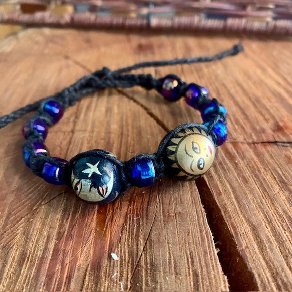 Custom Handmade Hemp Bracelet/Anklet: Moon, Stars & Sun Wood Bead Design - Unisex Boho Hippie Celestial Hemp Jewelry. Unique gift idea!