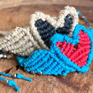 Handmade Hemp Macrame Heart Bracelet: Boho Hippie Jewelry
