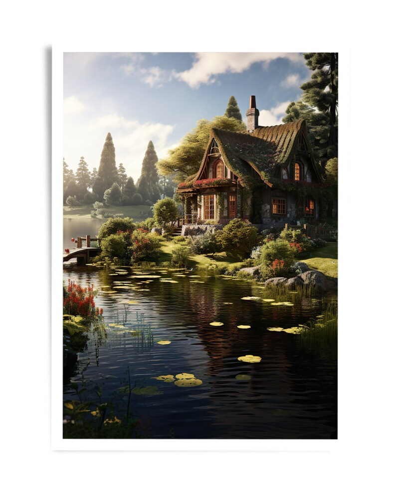 Cottage Next to Lake Realistic Art Home Decor Wall Art Art Print ...