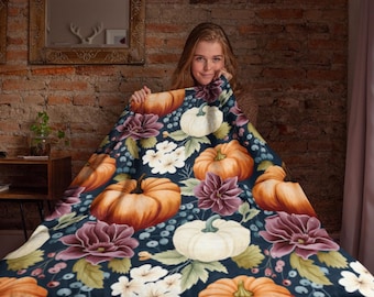Cottagecore Fall Blanket: Floral Pumpkin Fleece Throw