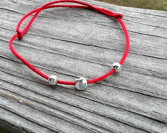 Good Luck Red String Bracelet: Silver Bead Adjustable Bracelet