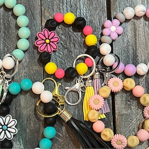 Wristlet Keychain Beaded Wristlet Custom Keychain Colorful Beaded Wristlet Gift For Her Flower Power