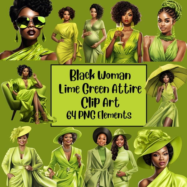 Fashionable Black Woman Clipart, Beautiful Curvy Black Woman Lime Green PNG, Afro Bun, Black Clipart, Boss Woman, Spring Attire, Bookworm