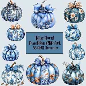 Pumpkins Floral Clipart | Blue Floral Toile Pumpkins Clipart | Autumn Farmhouse Bundle | Pastel Halloween Floral Pumpkin Png