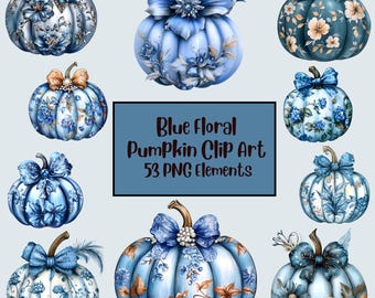 70 Watercolor Blue Fall Clipart Bundle, Floral Blue Pumpkin Png, Autumn ...