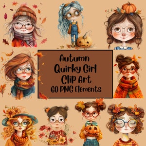 Eigenzinnige meisje clipart, herfst sfeer clipart, herfst dagen clipart, grillig meisje, Paper Doll, schattig meisje, grillige digitale papers, kleurrijke herfst