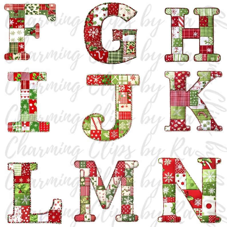 Peut inclure: Un ensemble de lettres en patchwork, de F &agrave; N, en rouge, vert et blanc sur le th&egrave;me de No&euml;l. Les lettres sont compos&eacute;es de carr&eacute;s de tissu avec diff&eacute;rents motifs, notamment du tartan, des flocons de neige, des cannes en sucre et du houx.