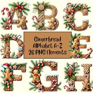 Alfabeto de pan de jengibre Clipart, Alfabeto navideño Clipart, Letras navideñas, Letras de galletas PNG, Subliminación, Galletas navideñas PNG