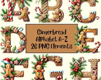 Clipart alphabet pain d'épice, clipart alphabet de Noël, lettres de Noël, biscuit lettres PNG, sublimination, biscuit de Noël PNG