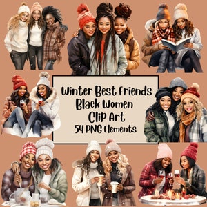 Acuarela Mejores Amigos Mujeres Negras Imágenes Prediseñadas de Invierno, Besties, Mejor Amigo PNG, Imágenes Prediseñadas de Soul Sisters, Imágenes Prediseñadas de lectura de ratón de biblioteca, Paquete