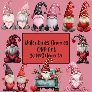 Valentines Gnome PNG Bundle, Valentines Clipart, Watercolor Gnome, Sublimination, Hearts, Love, Gnome Clipart, Scrapbooking, Junk Journal