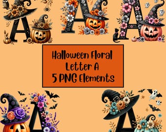 Fall Floral Alphabet Clipart, Halloween Watercolor Letters for Sublimation, Autumn Decor, Autumn Floral Letter A, PNG Alphabet
