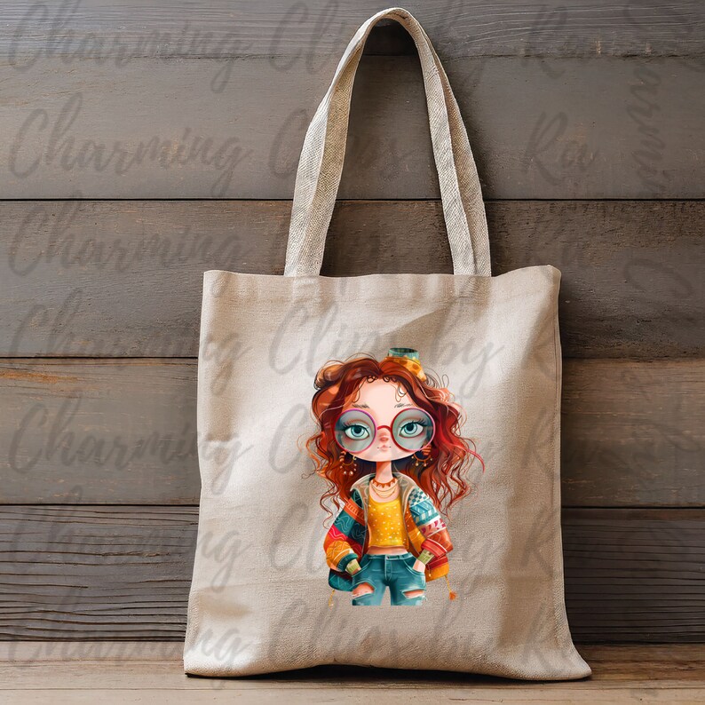 Puede incluir: Una bolsa de tela beige con una ilustraci&oacute;n colorida de una ni&ntilde;a con el pelo largo y rojo que lleva gafas redondas, un jersey amarillo y unos vaqueros azules. La ni&ntilde;a lleva una peque&ntilde;a bolsa en su mano derecha.
