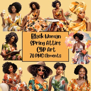 Clipart de mulher negra elegante, pacote PNG de primavera de menina negra, belas curvas, coque afro, poderoso, mulher chefe, decoração de primavera, leitura de menina