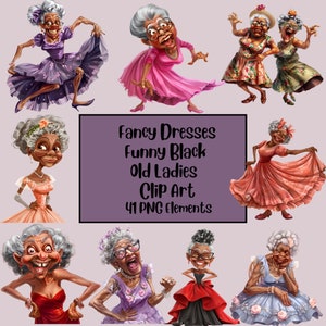 Funny Old Ladies Clipart, Elderly Clipart, Fancy Dresses, Old Ladies PNG Bundle, Cheerful Old Lady, Funny Old People, Black Ladies, Quirky