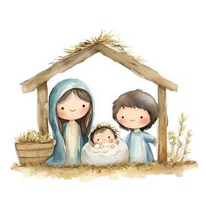Escena de la Natividad Acuarela Clipart - Niño Jesús PNG - Escena del pesebre navideño - Descarga instantánea para uso comercial