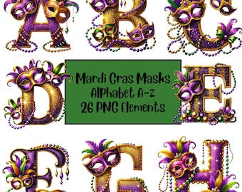 May include: A set of 8 gold and purple alphabet letters decorated with Mardi Gras masks, feathers, and beads. The letters are A, B, C, D, E, F, G, and H. The text "Mardi Gras Masks Alphabet A-Z 26 PNG Elements" is in green text on a green background.